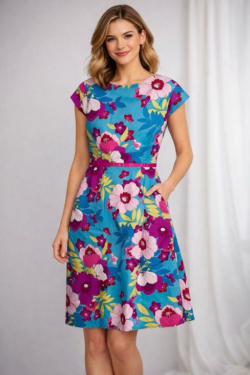 Sangria Dresses & Skirts - Sangria Floral Fit & Flare Dress Womens Size 10 Blue Pink Tropical Cotton Street